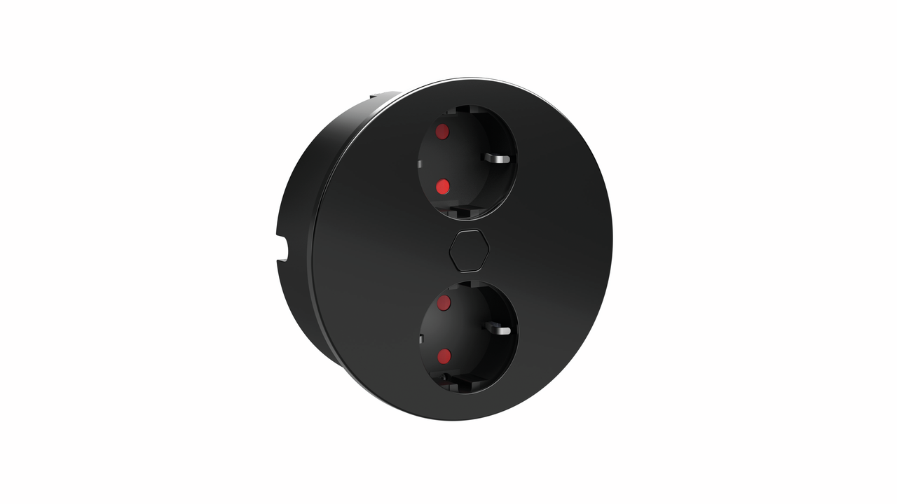 Duplex E dubbele contactdoos, rond, met veiligheidsstopcontacten, zwart mat Duplex E dubbele contactdoos, rond, met veiligheidsstopcontacten, zwart mat