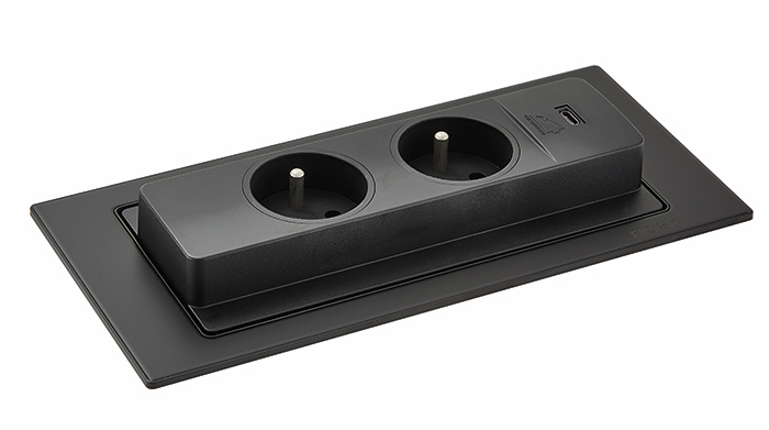 Evoline® BackFlip USB C, met Belgische/Franse stopcontacten, vlakbouw H 2,6 mm, zwart gelakt