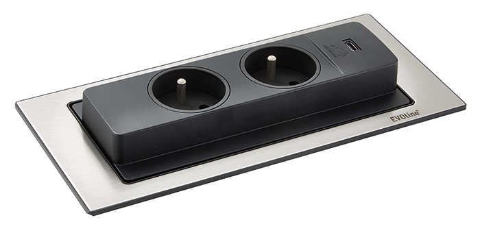 Evoline® BackFlip USB C, with Belgian/French sockets, flush-mount H 2,6 mm, stainless steel