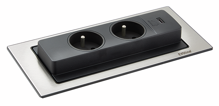 Evoline® BackFlip USB C, with Belgian/French sockets, flush-mount H 2,6 mm, stainless steel
