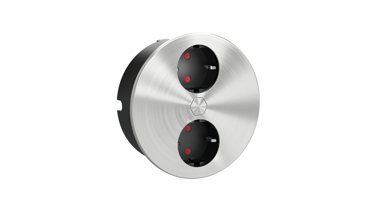 Duplex E double socket, round, with earthed plug sockets, stainless steel