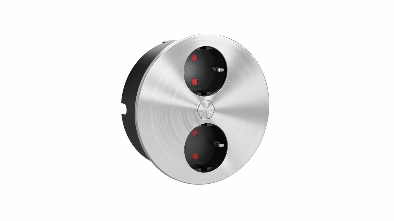 Duplex E dubbele contactdoos, rond, met veiligheidsstopcontacten, roestvrij staal Duplex E dubbele contactdoos, rond, met veiligheidsstopcontacten, roestvrij staal