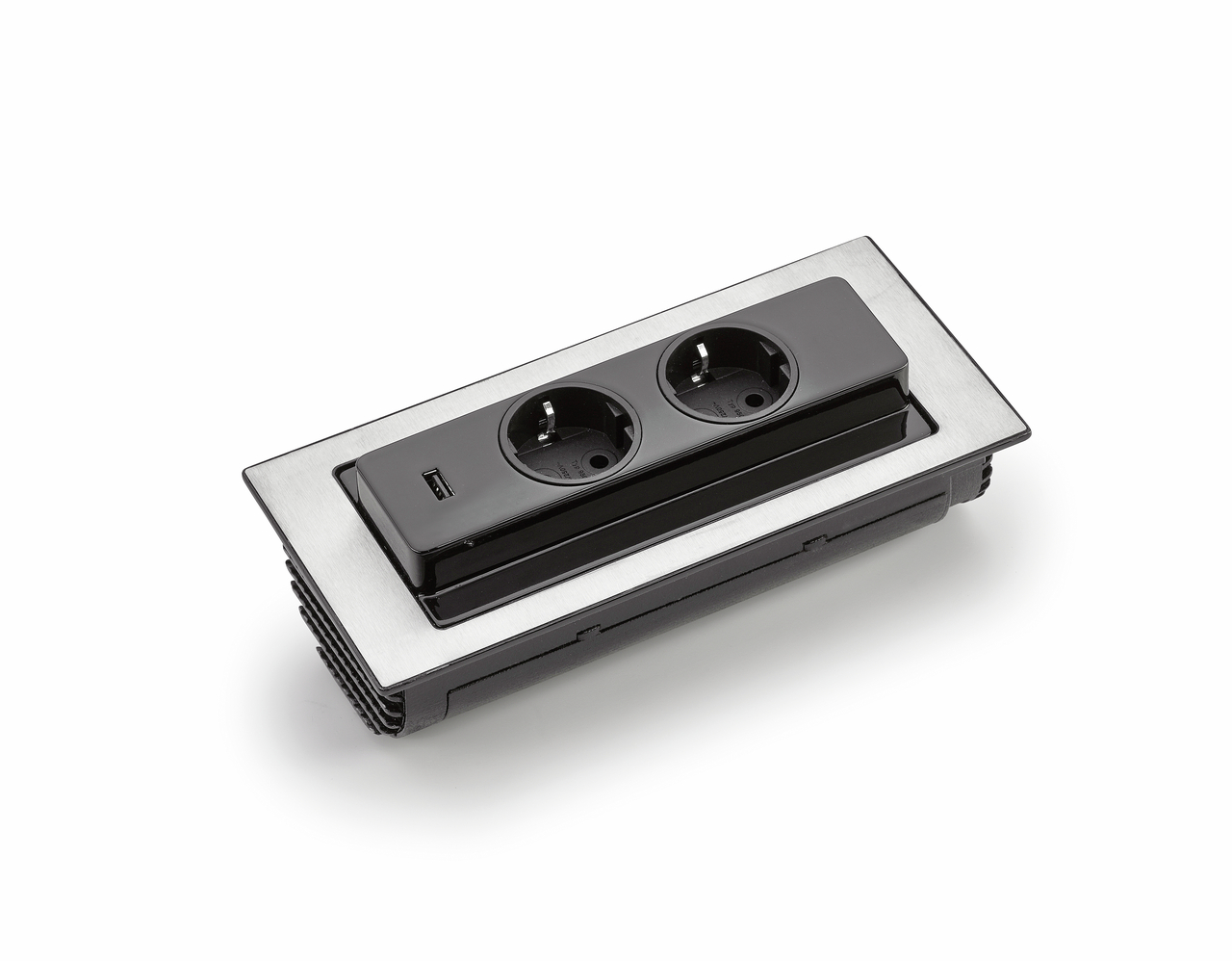 Evoline® BackFlip USB A, with Belgian/French sockets, flush-mount H 5 mm, glass black