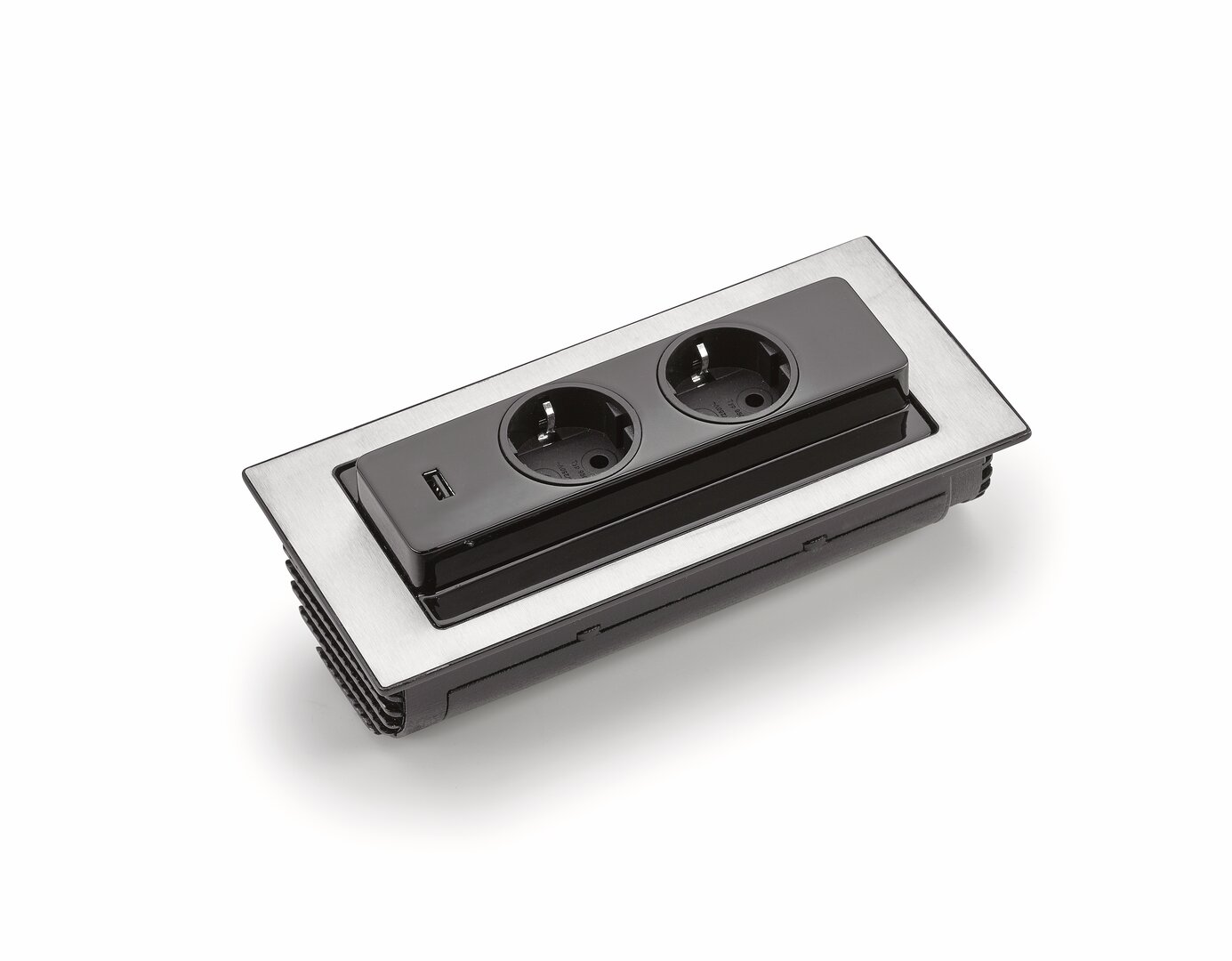 Evoline® BackFlip USB A, mit belgischen/französischen Steckdosen, flächenbündig H 2,6 mm, schwarz lackiert