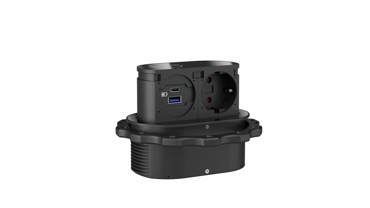 Piccolino QI USB A/C, cover in glossy black coloured glass