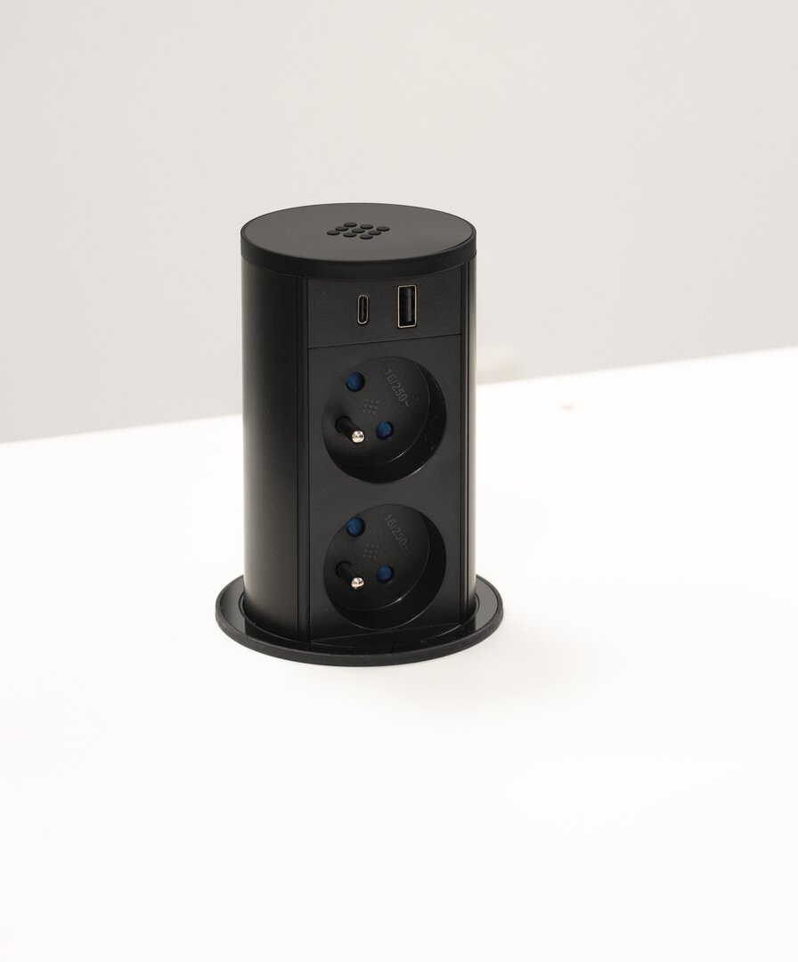 VersaLift USB A/C QI, avec prises belges/françaises, verre acrylique, noir mat
