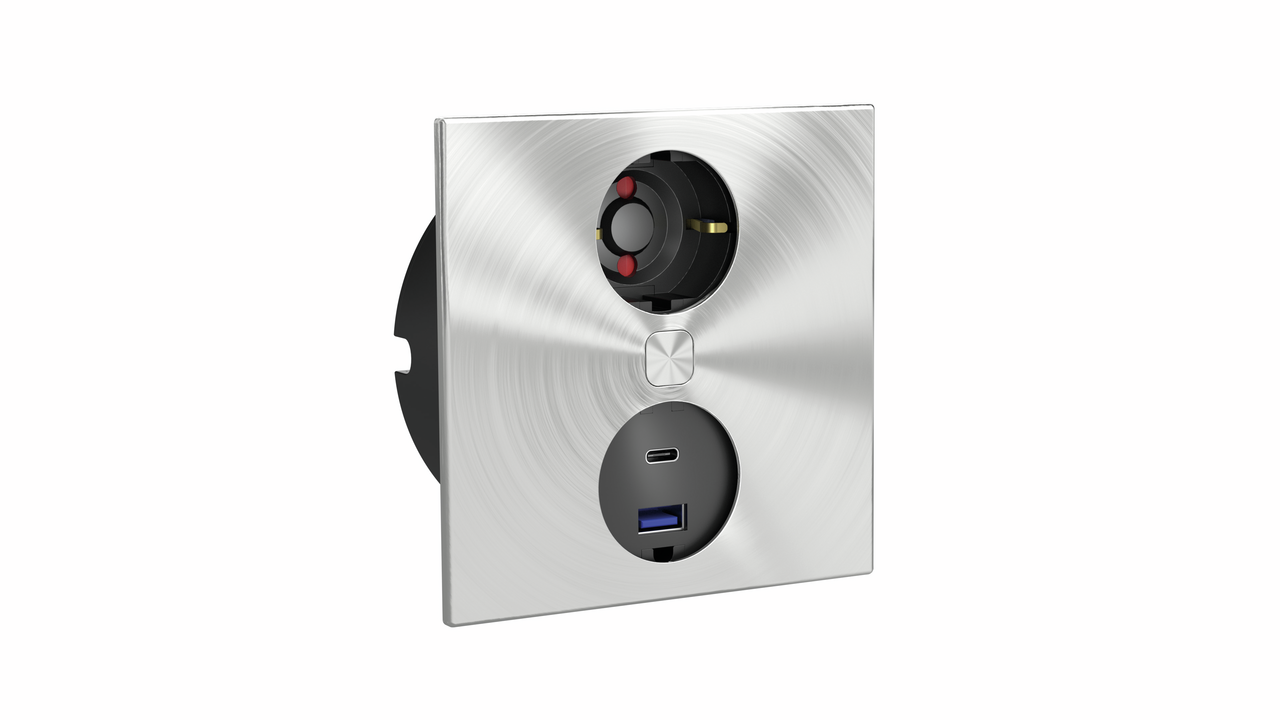 Duplex E dubbele USB A+C, hoekig, met veiligheidsstopcontact, roestvrij staal Duplex E dubbele USB A+C, hoekig, met veiligheidsstopcontact, roestvrij staal