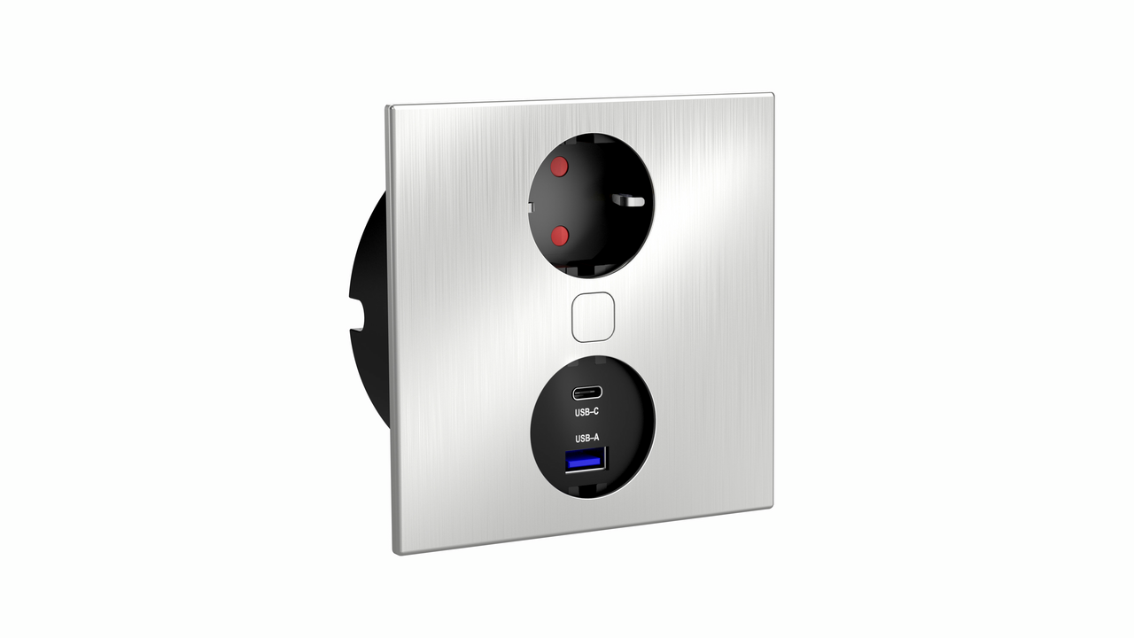 Duplex E Doppel USB A+C, eckig, mit Schukosteckdose, Edelstahl