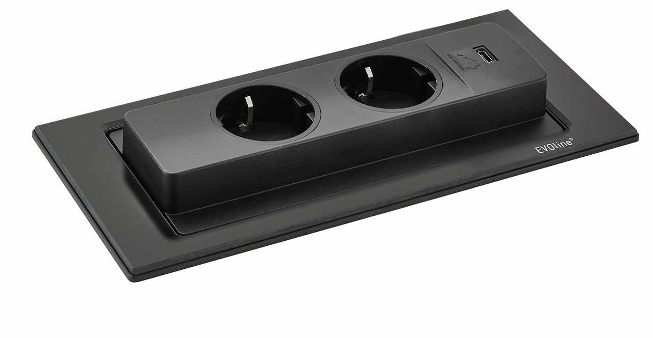 Evoline® BackFlip USB C, with earthed plug sockets, flush-mount H 5 mm, glass black matt