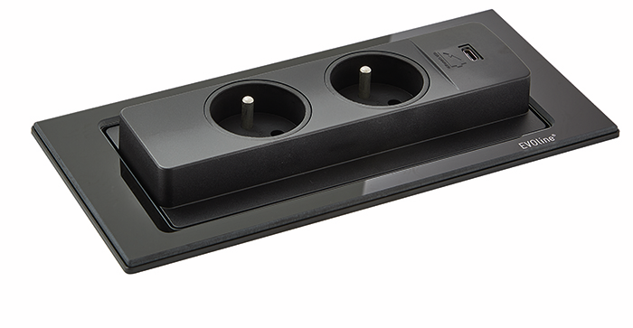 Evoline® BackFlip USB C, with Belgian/French sockets, flush-mount H 5 mm, glass black