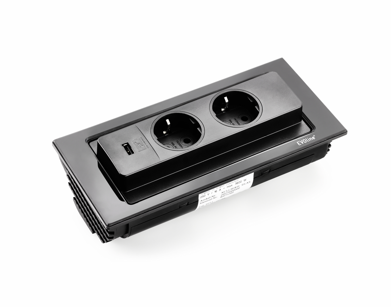 Evoline® BackFlip USB A, with earthed plug sockets, flush-mount H 5 mm, glass black
