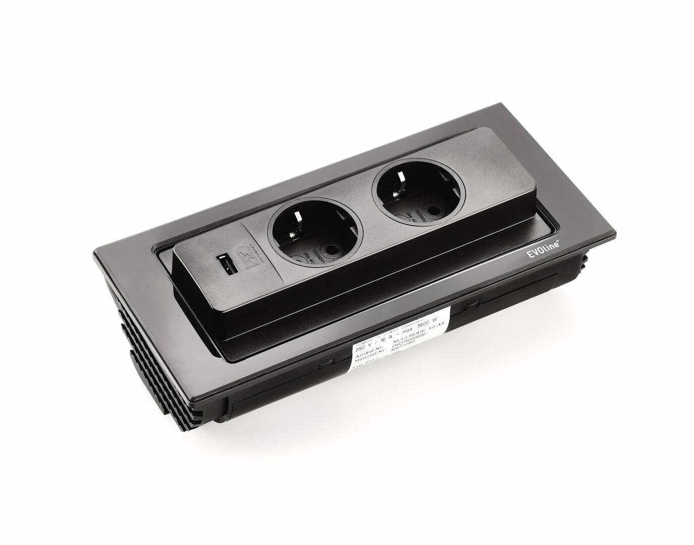 Evoline® BackFlip USB A, mit Schukosteckdosen, flächenbündig H 5 mm, Glas schwarz