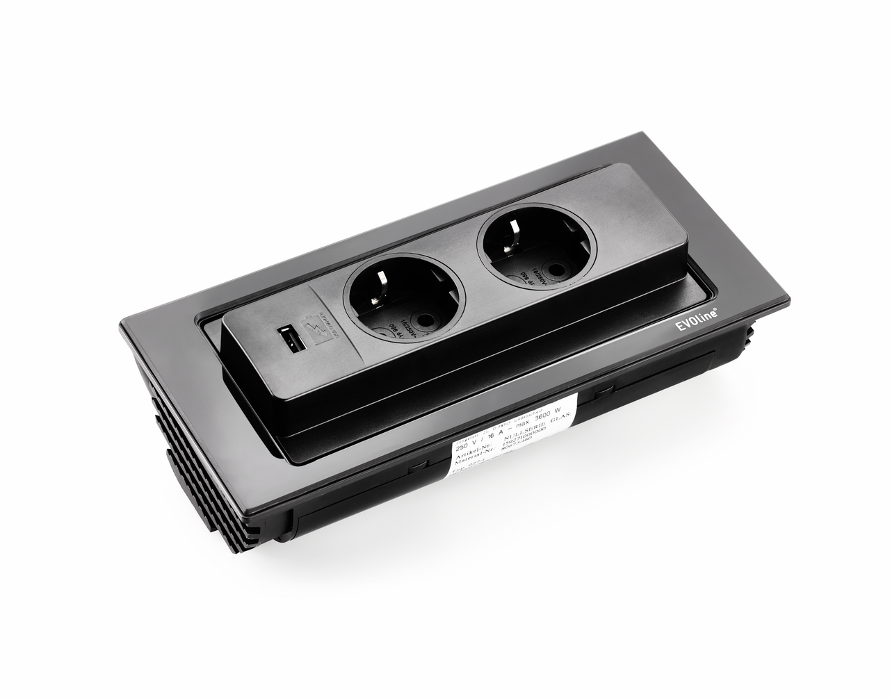 Evoline® BackFlip USB A, met veiligheidsstopcontacten, vlakbouw H 5 mm, glas zwart Evoline® BackFlip USB A, met veiligheidsstopcontacten, vlakbouw H 5 mm, glas zwart