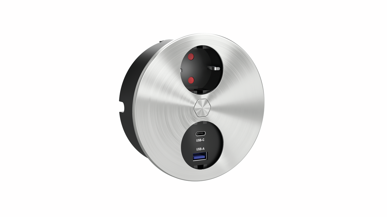 Duplex E dubbele USB A+C, rond, met veiligheidsstopcontact, roestvrij staal Duplex E dubbele USB A+C, rond, met veiligheidsstopcontact, roestvrij staal