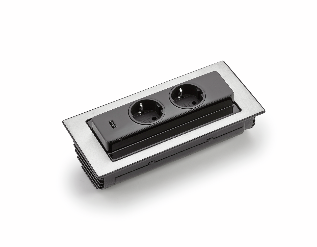 Evoline® BackFlip USB A, met veiligheidsstopcontacten, vlakbouw H 2,6 mm, roestvrij staal Evoline® BackFlip USB A, met veiligheidsstopcontacten, vlakbouw H 2,6 mm, roestvrij staal